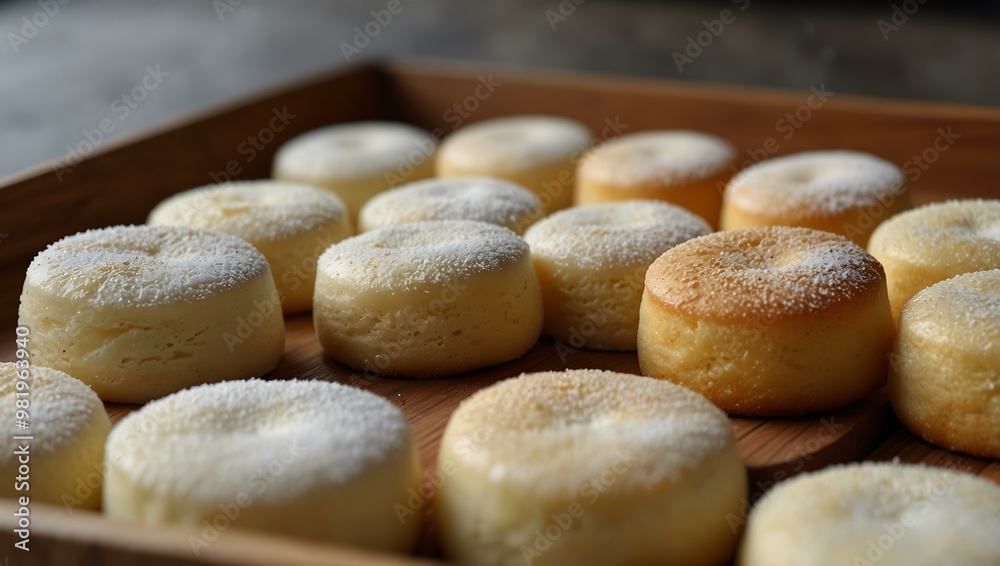 Wooden tray with a row of white mochi cakes. Wooden tray with a row of white mochi cakes.
