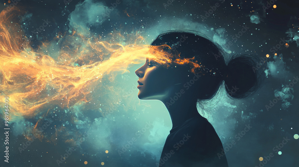 Visualize a 2D illustration that captures a dreamlike scene where a person stands amidst swirling colors and abstract shapes, representing an imaginary world. The background might be filled with soft. Visualize a 2D illustration that captures a dreamlike scene where a person stands amidst swirling colors and abstract shapes, representing an imaginary world. The background might be filled with soft.
