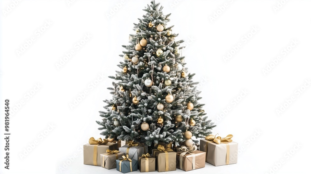 Christmas tree with decoration and gifts on white background