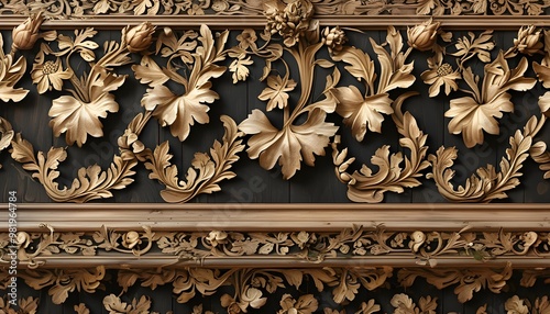 intricately carved gilded wooden frieze adorned with exquisite acanthus leaves and floral patterns photo