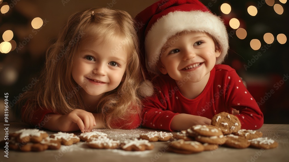 Two cute little kids with Christmas cookies on the table Two cute little kids with Christmas cookies on the table