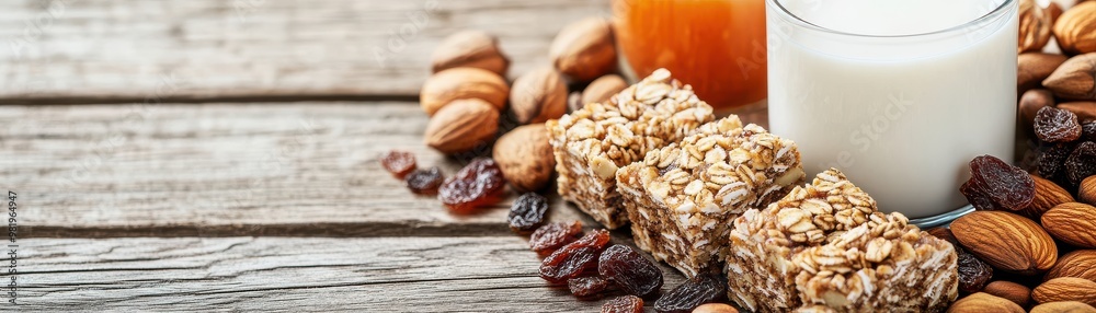 Obraz premium A healthy snack arrangement featuring protein bars, almonds, raisins, honey, and milk on a rustic wooden surface.