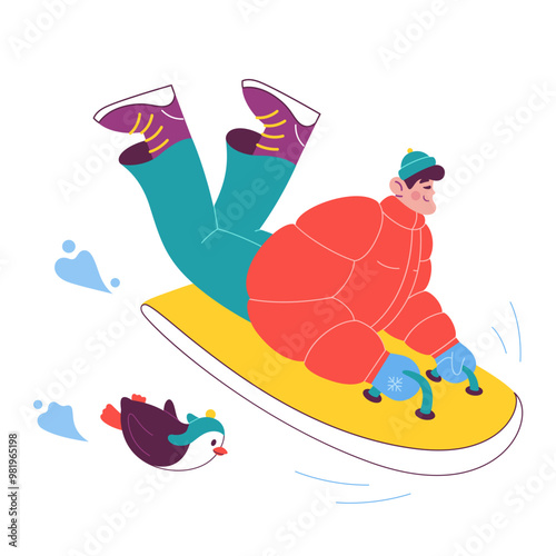 Man on a winter sledge with a penguin