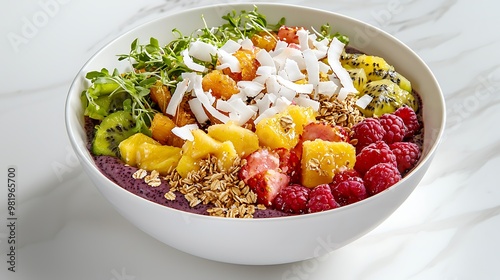 A sophisticated brunch table scene showcasing an artisanal breakfast bowl filled with acai, topped with a variety of fresh fruits, granola, and coconut flakes, elegantly presented against a white