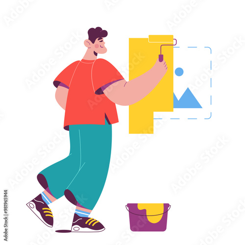 Man painting over a picture