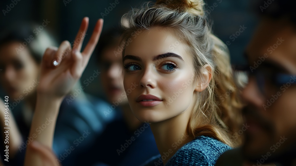Fototapeta premium A Young Woman with Blonde Hair and Blue Eyes Raises Her Hand in a Classroom Setting