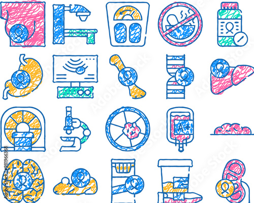oncology examination doodle icons set vector. sketch line art oncology radiation therapy machine and human organ cancer, blood for transfusion and melanoma. color illustrations