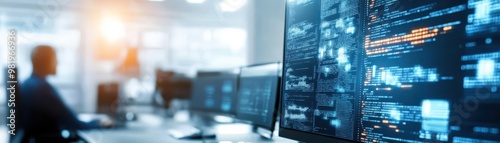 Wallpaper Mural A modern workspace featuring multiple screens displaying data and code, ideal for technology and programming themes. Torontodigital.ca