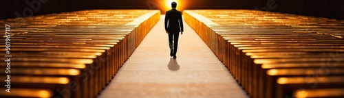 A mysterious figure walks towards a glowing horizon, surrounded by golden blocks, symbolizing ambition and success.