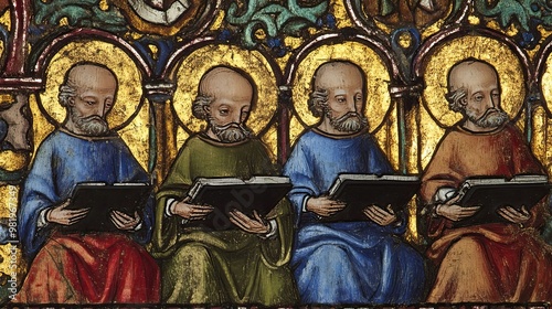 Four Men Depicted in a Stained Glass Window Holding Books