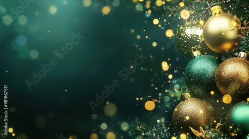 Beautiful dark green Christmas background with shining decoration and empty space. Golden glitter, confetti. Copy space for your text. Merry Xmas, Happy New Year. Festive backdrop