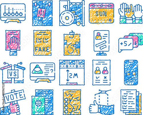voting and elections doodle icons set vector. sketch line art oath on constitution and ballot box, exit polls, disabled and electronic voting booth. color illustrations