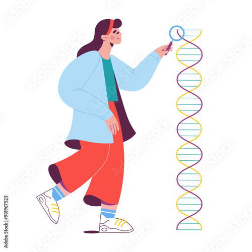Woman scientist studying dna helix molecule