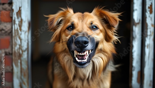 Fierce guard dog confronts intruder, barking aggressively with bared teeth and bristling fur