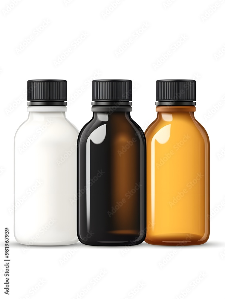 A mockup featuring black, white, and amber bottles isolated on a white background. Suitable for various purposes such as medical, cosmetic, and food packaging. Rendered in vector illustration A mockup featuring black, white, and amber bottles isolated on a white background. Suitable for various purposes such as medical, cosmetic, and food packaging. Rendered in vector illustration