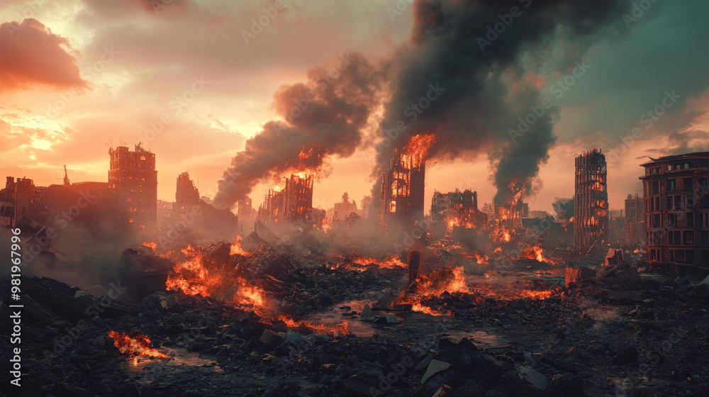 An apocalyptic destruction scene in 3D illustration typically features a devastated landscape marked by ruined buildings, desolate streets, and a darkened sky. You might see crumbling skyscrapers,. An apocalyptic destruction scene in 3D illustration typically features a devastated landscape marked by ruined buildings, desolate streets, and a darkened sky. You might see crumbling skyscrapers,.