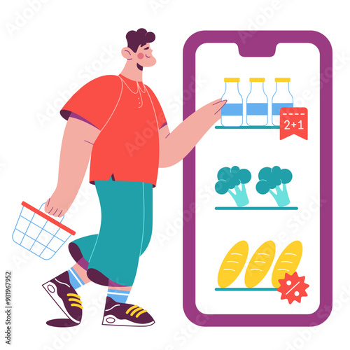Man with a basket in his hand selects products on his cell phone display