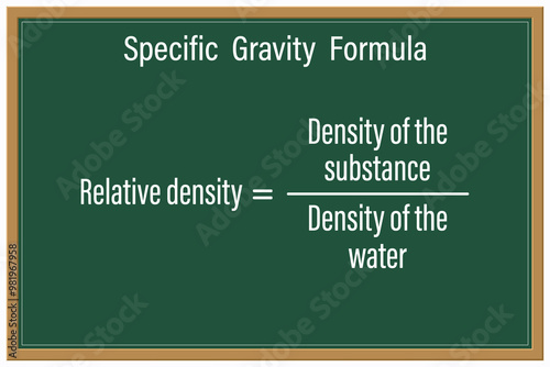 Specific Gravity Formula on a green chalkboard. Education. Science. Formula. Vector illustration.