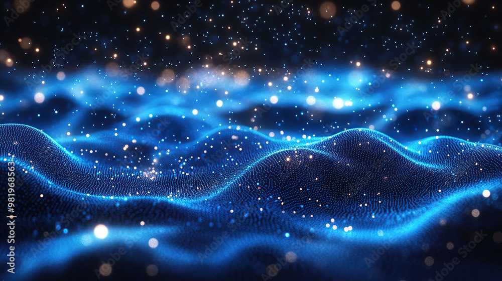 A digital art representation of quantum particles in the foreground, with glowing energy waves and abstract shapes surrounding them on an ethereal background A digital art representation of quantum particles in the foreground, with glowing energy waves and abstract shapes surrounding them on an ethereal background