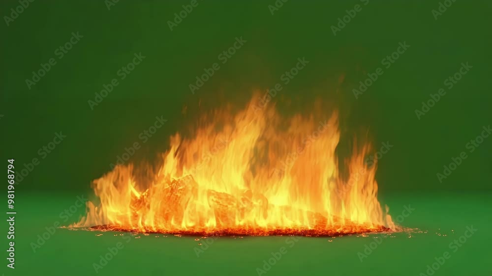 Line of fire is burning intensely on a green screen chroma key background, creating a dramatic and powerful visual effect