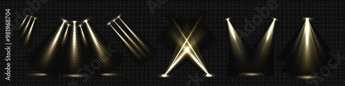 White spotlight beam with overlay effect to illuminate stage or product podium. Realistic 3d vector set of scene projector light ray on transparent background for winner award and presentation.