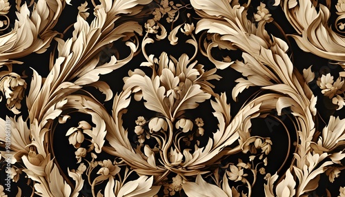 intricately carved gilded wooden frieze adorned with exquisite acanthus leaves and floral patterns photo