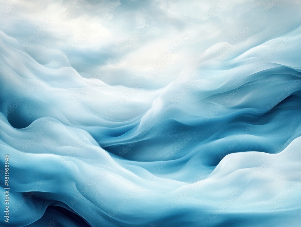 Obraz premium A serene abstract representation of flowing blue waves, creating a tranquil and dreamy atmosphere in a misty landscape.