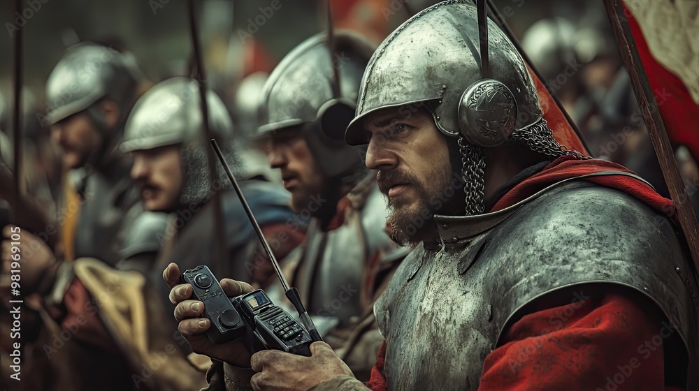 A Medieval Knight Holding a Modern Walkie Talkie A Medieval Knight Holding a Modern Walkie Talkie