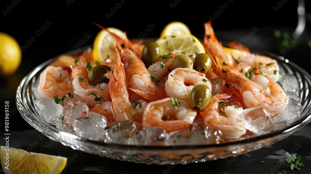 Shrimp Cocktail with Lemon and Olives on Ice Shrimp Cocktail with Lemon and Olives on Ice