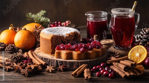 Christmas baking ingredients including gingerbread fruitcake and seasonal drinks arranged on a wooden table with cranberries dried oranges cinnamon spices transparent background