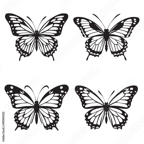 Black and white vector silhouettes set of lepidoptera