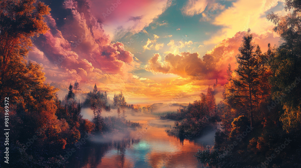 The fantasy digital artwork showcases a breathtaking landscape where vibrant, oversized trees rise majestically against a backdrop of a colorful sky. Rich hues of pink, purple, and orange blend seamle