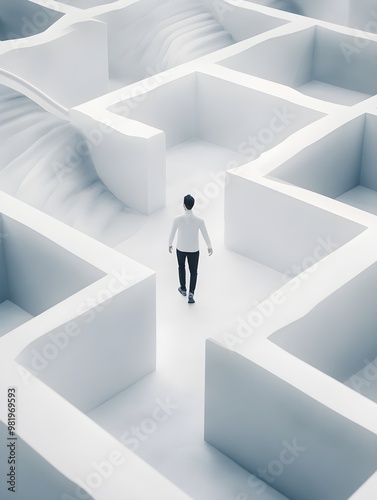 Man walking in a white labyrinth, philosophical concept 