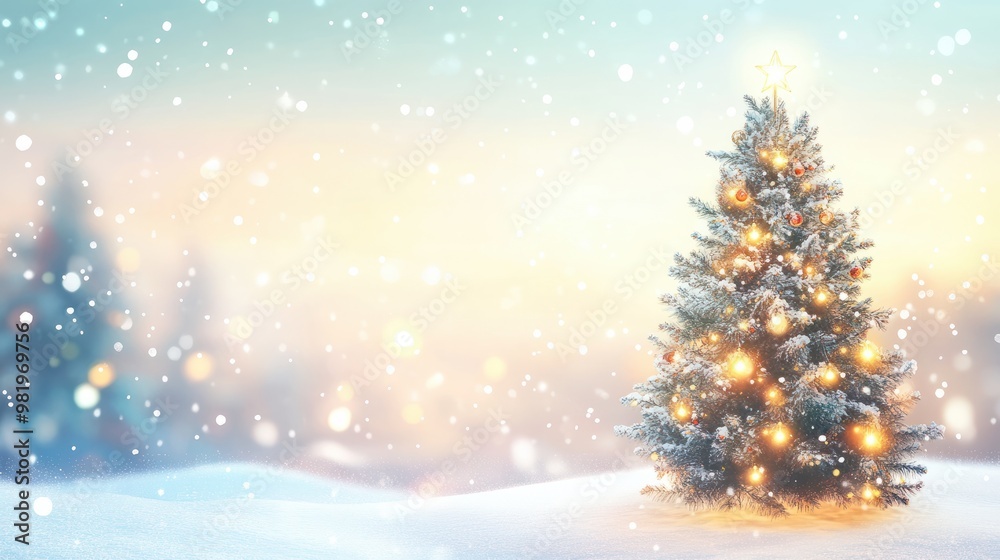Christmas tree and Christmas lights on abstract snowy landscape background, Xmas background concept with advertising space. Generative Ai. transparent background Christmas tree and Christmas lights on abstract snowy landscape background, Xmas background concept with advertising space. Generative Ai. transparent background