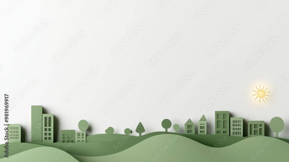 A serene paper cut-out landscape showcasing green hills and a sunny skyline with modern buildings and trees. A serene paper cut-out landscape showcasing green hills and a sunny skyline with modern buildings and trees.