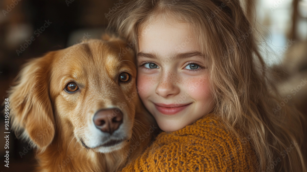 Girl and Dog in Cozy Setting with Warm Expressions Girl and Dog in Cozy Setting with Warm Expressions