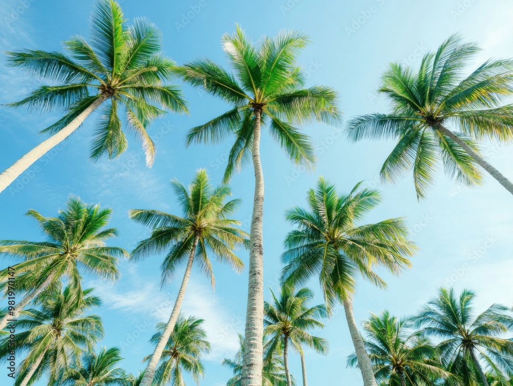 A serene view of tall palm trees against a bright blue sky, perfect for conveying tropical vibes and relaxation. A serene view of tall palm trees against a bright blue sky, perfect for conveying tropical vibes and relaxation.