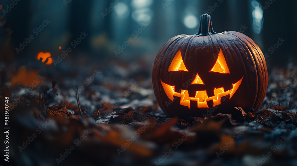 A glowing jack-o'-lantern sits among fallen leaves in a misty forest on Halloween night A glowing jack-o'-lantern sits among fallen leaves in a misty forest on Halloween night