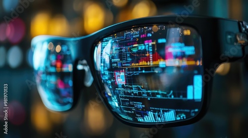 Futuristic glasses displaying digital data and graphics.