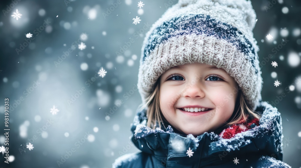Cute child with happy face wearing a warm hat and warm jacket surrounded with snowflakes. Winter holidays concept. transparent background Cute child with happy face wearing a warm hat and warm jacket surrounded with snowflakes. Winter holidays concept. transparent background