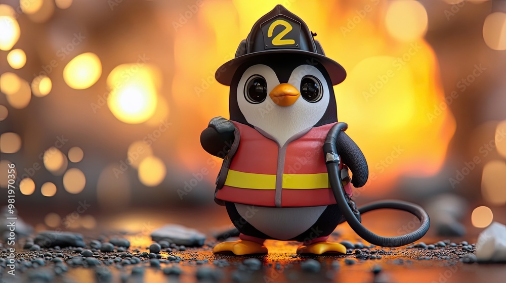 A Cartoon Penguin Dressed as a Firefighter A Cartoon Penguin Dressed as a Firefighter