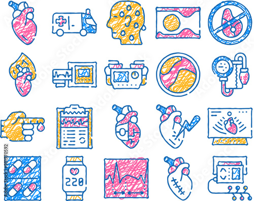 heart attack disease doodle icons set vector. sketch line art heart human organ and rhythm, ultrasound medical equipment and ambulance car. color illustrations