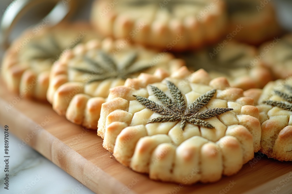 Delicious peanut cookies showing cannabis leaf design resting on plate Delicious peanut cookies showing cannabis leaf design resting on plate