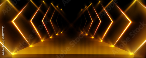 Luxury podium with abstract yellow light. Vector realistic illustration of golden spotlights glowing on black podium, fashion studio design, product presentation platform, VIP award ceremony stage