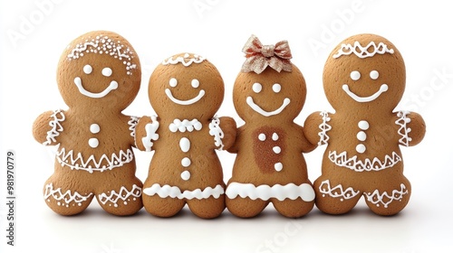 Four gingerbread men wearing winter clothes smiling on white background