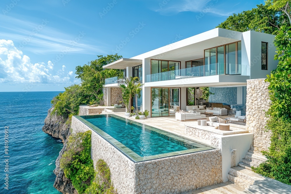 Fototapeta premium Modern luxury villa overlooking ocean with infinity pool on cliffside