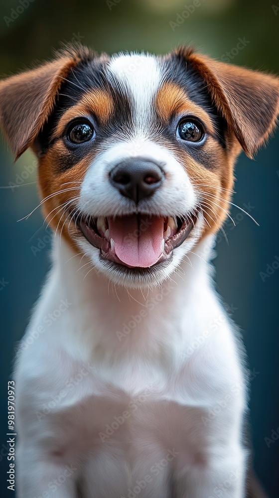 Adorable puppy panting and looking happy on blue background Adorable puppy panting and looking happy on blue background