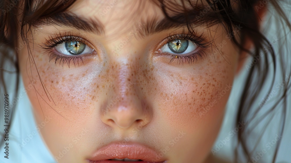 Fototapeta premium Close-up Portrait of a Woman with Blue Eyes and Freckles