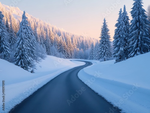 A serene winter road winding through a snowy landscape, surrounded by tall evergreen trees under a soft morning light.