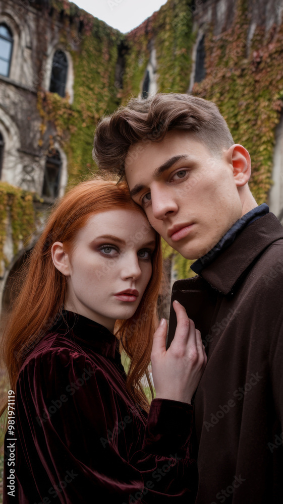 Obraz premium A romantic couple gazing at each other, standing in front of an ivy-covered building, expressing love and affection autumn outdoors.